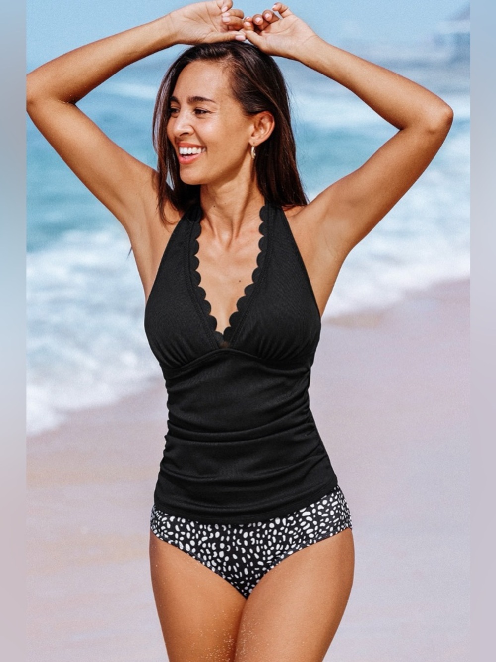 Cupshe Black Scallop Halter Tankini with Black & White Speckled Bottoms Size L